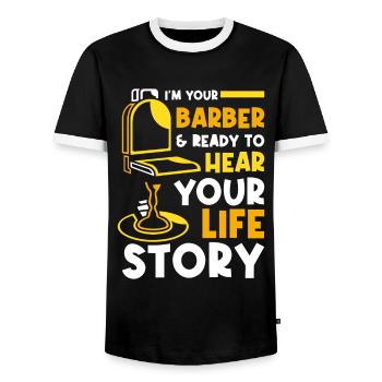Ready to hear your life story Barber profession - Men's Ringer Shirt - black/white - Front - AI Model Female 172 light (172cm) & AI Model Male 178 light (178cm)