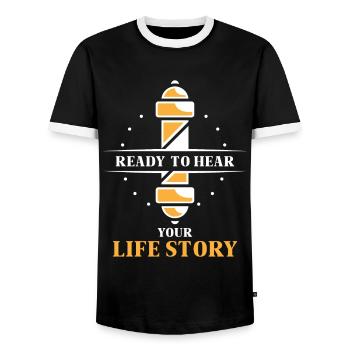 Ready to hear your life story Barber profession - Men's Ringer Shirt - black/white - Front - AI Model Female 172 light (172cm) & AI Model Male 178 light (178cm)