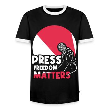 La liberté de la presse est importante - T-shirt contrasté Homme - noir/blanc - Devant - AI Model Female 172 light (172cm) & AI Model Male 178 light (178cm)