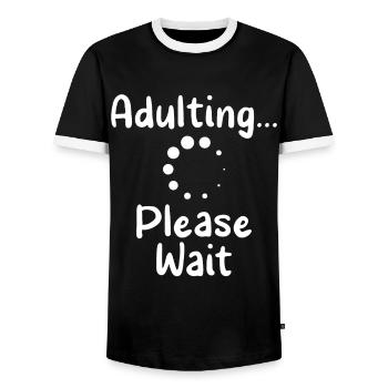 grow up please wait puberty birthday - Men's Ringer Shirt - black/white - Front - AI Model Female 172 light (172cm) & AI Model Male 178 light (178cm)