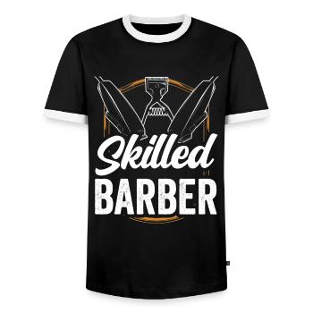 Trained Barber Barbers Barber Barbershop - Men's Ringer Shirt - black/white - Front - AI Model Female 172 light (172cm) & AI Model Male 178 light (178cm)