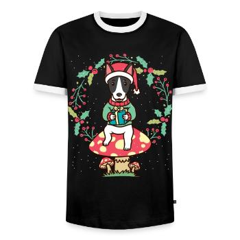 Rat Terrier dog on mushroom Christmas wreath - Men's Ringer Shirt - black/white - Front - AI Model Female 172 light (172cm) & AI Model Male 178 light (178cm)