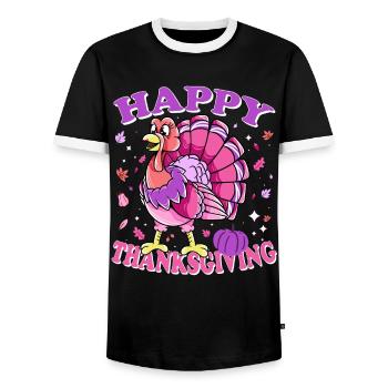 Female Turkey Happy Thanksgiving - Men's Ringer Shirt - black/white - Front - AI Model Female 172 light (172cm) & AI Model Male 178 light (178cm)