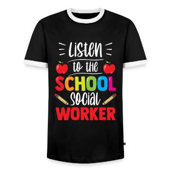 Ecouter le métier de travailleur social scolaire - T-shirt contrasté Homme - noir/blanc - Devant - AI Model Female 172 light (172cm) & AI Model Male 178 light (178cm)