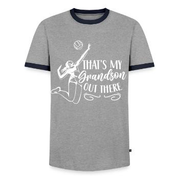 This is my grandson out there playing volleyball - Men's Ringer Shirt - grey/navy  - Front - AI Model Female 172 light (172cm) & AI Model Male 178 light (178cm)