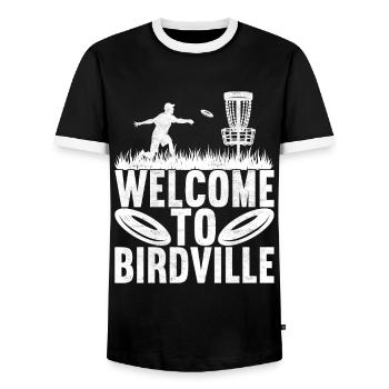 Disc Golf Disc Golfer - Men's Ringer Shirt - black/white - Front - AI Model Female 172 light (172cm) & AI Model Male 178 light (178cm)
