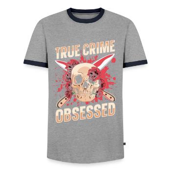 True Crime Obsessed - Men's Ringer Shirt - grey/navy  - Front - AI Model Female 172 light (172cm) & AI Model Male 178 light (178cm)