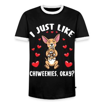 Chiweenie dog with cuddly toy - Men's Ringer Shirt - black/white - Front - AI Model Female 172 light (172cm) & AI Model Male 178 light (178cm)
