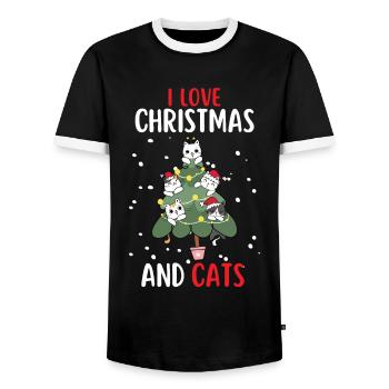 I Love Christmas and Cats Cat Christmas - Men's Ringer Shirt - black/white - Front - AI Model Female 172 light (172cm) & AI Model Male 178 light (178cm)