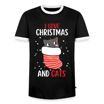 J’aime Noël et Chats Chat Noël - T-shirt contrasté Homme - noir/blanc - Devant - AI Model Female 172 light (172cm) & AI Model Male 178 light (178cm)