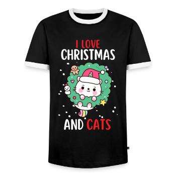 I Love Christmas and Cats Cat Christmas - Men's Ringer Shirt - black/white - Front - AI Model Female 172 light (172cm) & AI Model Male 178 light (178cm)