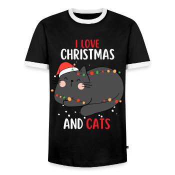 I Love Christmas and Cats Cat Christmas - Men's Ringer Shirt - black/white - Front - AI Model Female 172 light (172cm) & AI Model Male 178 light (178cm)