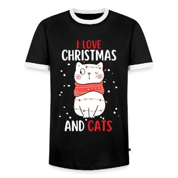 I Love Christmas and Cats Cat Christmas - Men's Ringer Shirt - black/white - Front - AI Model Female 172 light (172cm) & AI Model Male 178 light (178cm)