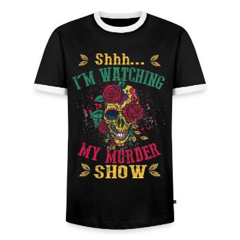 Shhh I'm Watching My Murder Shows - Men's Ringer Shirt - black/white - Front - AI Model Female 172 light (172cm) & AI Model Male 178 light (178cm)