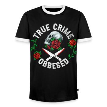 Obsédé par le vrai crime - T-shirt contrasté Homme - noir/blanc - Devant - AI Model Female 172 light (172cm) & AI Model Male 178 light (178cm)
