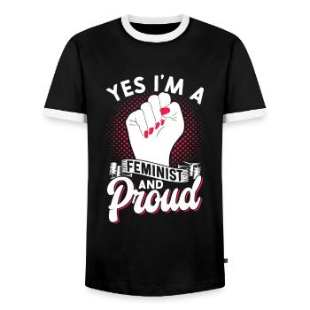 Yes I am a feminist and proud of women - Men's Ringer Shirt - black/white - Front - AI Model Female 172 light (172cm) & AI Model Male 178 light (178cm)