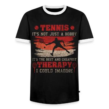 Worlds Okayest Tennis Player Retro Tennis - Men's Ringer Shirt - black/white - Front - AI Model Female 172 light (172cm) & AI Model Male 178 light (178cm)