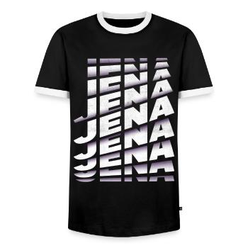 Jena Germany City Font Skyline Home - Men's Ringer Shirt - black/white - Front - AI Model Female 172 light (172cm) & AI Model Male 178 light (178cm)