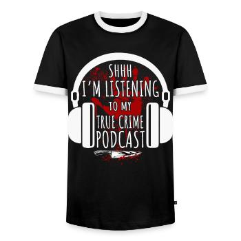 Chut, j’écoute mon podcast True Crime - T-shirt contrasté Homme - noir/blanc - Devant - AI Model Female 172 light (172cm) & AI Model Male 178 light (178cm)