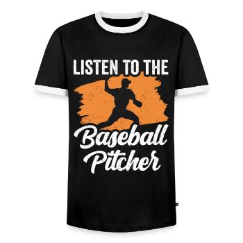 Listening to the Baseball Pitcher Pitcher Hobby Player - Men's Ringer Shirt - black/white - Front - AI Model Female 172 light (172cm) & AI Model Male 178 light (178cm)