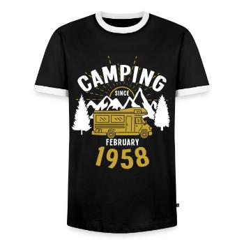 Birthday: Camping since February 1958 Motorhome - Men's Ringer Shirt - black/white - Front - AI Model Female 172 light (172cm) & AI Model Male 178 light (178cm)
