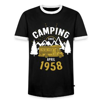 Birthday: Camping since April 1958 Motorhome - Men's Ringer Shirt - black/white - Front - AI Model Female 172 light (172cm) & AI Model Male 178 light (178cm)