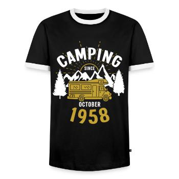 Birthday: Camping since October 1958 Motorhome - Men's Ringer Shirt - black/white - Front - AI Model Female 172 light (172cm) & AI Model Male 178 light (178cm)