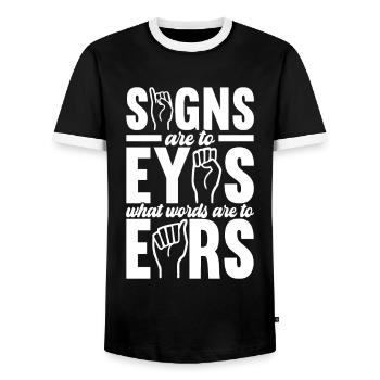Deaf Deaf Mute Deaf - Men's Ringer Shirt - black/white - Front - AI Model Female 172 light (172cm) & AI Model Male 178 light (178cm)