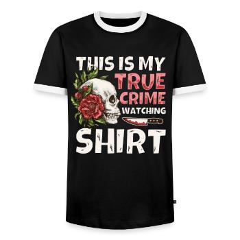 True Crime Junkie - Men's Ringer Shirt - black/white - Front - AI Model Female 172 light (172cm) & AI Model Male 178 light (178cm)