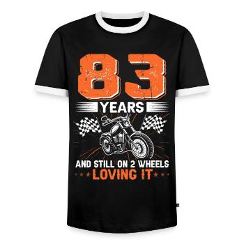 83 ans et toujours sur 2 roues 83e anniversaire - T-shirt contrasté Homme - noir/blanc - Devant - AI Model Female 172 light (172cm) & AI Model Male 178 light (178cm)