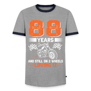 88 Years And Still On 2 Wheels 88th Birthday - Men's Ringer Shirt - grey/navy  - Front - AI Model Female 172 light (172cm) & AI Model Male 178 light (178cm)