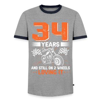 34 Years And Still On 2 Wheels 34th Birthday - Men's Ringer Shirt - grey/navy  - Front - AI Model Female 172 light (172cm) & AI Model Male 178 light (178cm)