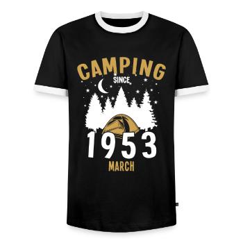Anniversaire: Camping depuis mars 1953 Camping - T-shirt contrasté Homme - noir/blanc - Devant - AI Model Female 172 light (172cm) & AI Model Male 178 light (178cm)