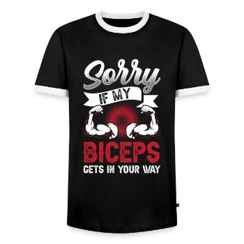 Sorry if my biceps are in your way - Men's Ringer Shirt - black/white - Front - AI Model Female 172 light (172cm) & AI Model Male 178 light (178cm)