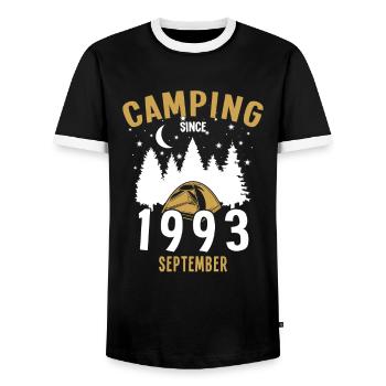 Date de naissance : Camping depuis septembre 1993 Zelten - T-shirt contrasté Homme - noir/blanc - Devant - AI Model Female 172 light (172cm) & AI Model Male 178 light (178cm)