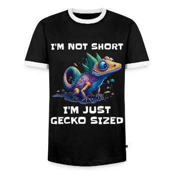 "I'm Not Short, I'm Just Gecko Sized" Cute Gecko - Men's Ringer Shirt - black/white - Front - AI Model Female 172 light (172cm) & AI Model Male 178 light (178cm)