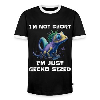 "I'm Not Short, I'm Just Gecko Sized" Cute Gecko - Men's Ringer Shirt - black/white - Front - AI Model Female 172 light (172cm) & AI Model Male 178 light (178cm)