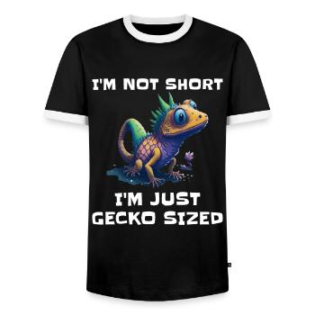 "I'm Not Short, I'm Just Gecko Sized" Cute Gecko - Men's Ringer Shirt - black/white - Front - AI Model Female 172 light (172cm) & AI Model Male 178 light (178cm)