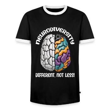 "Different, Not Less" Neurodiversity - Men's Ringer Shirt - black/white - Front - AI Model Female 172 light (172cm) & AI Model Male 178 light (178cm)