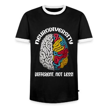 "Different, Not Less" Neurodiversity - Men's Ringer Shirt - black/white - Front - AI Model Female 172 light (172cm) & AI Model Male 178 light (178cm)