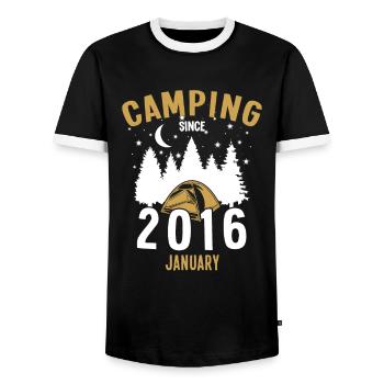 Anniversaire: Camping depuis janvier 2016 Zelten - T-shirt contrasté Homme - noir/blanc - Devant - AI Model Female 172 light (172cm) & AI Model Male 178 light (178cm)
