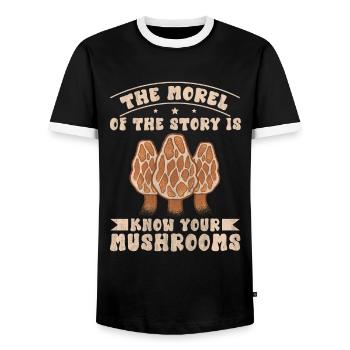 The Morel Of The Story Is Know Your Mushrooms - Men's Ringer Shirt - black/white - Front - AI Model Female 172 light (172cm) & AI Model Male 178 light (178cm)