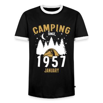 Geburtstag: Camping seit Januar 1957 Zelten - Männer Kontrast-T-Shirt - Schwarz/Weiß - Vorne - AI Model Female 172 light (172cm) & AI Model Male 178 light (178cm)