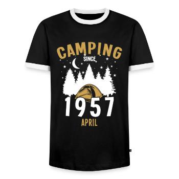 Geburtstag: Camping seit April 1957 Zelten - Männer Kontrast-T-Shirt - Schwarz/Weiß - Vorne - AI Model Female 172 light (172cm) & AI Model Male 178 light (178cm)