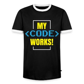 My Code Works Programming Coding Coder - Men's Ringer Shirt - black/white - Front - AI Model Female 172 light (172cm) & AI Model Male 178 light (178cm)