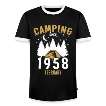 Anniversaire: Camping depuis février 1958 Zelten - T-shirt contrasté Homme - noir/blanc - Devant - AI Model Female 172 light (172cm) & AI Model Male 178 light (178cm)