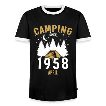 Anniversaire: Camping depuis avril 1958 Zelten - T-shirt contrasté Homme - noir/blanc - Devant - AI Model Female 172 light (172cm) & AI Model Male 178 light (178cm)
