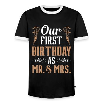 Our First Birthday as a Man and Woman Sayings - Men's Ringer Shirt - black/white - Front - AI Model Female 172 light (172cm) & AI Model Male 178 light (178cm)