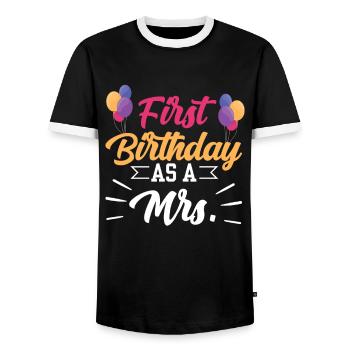 First Birthday As Woman Wife Pregnant Humor - Men's Ringer Shirt - black/white - Front - AI Model Female 172 light (172cm) & AI Model Male 178 light (178cm)