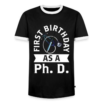 First birthday as a PhD student Pregnant sayings - Men's Ringer Shirt - black/white - Front - AI Model Female 172 light (172cm) & AI Model Male 178 light (178cm)
